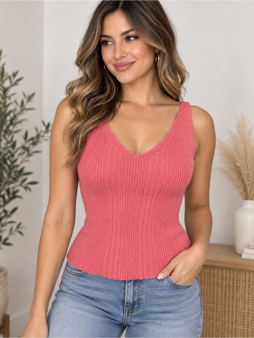 Anthropologie Pink Ribbed Knit Tank Top Sweater size:S Sleeveless Fitted